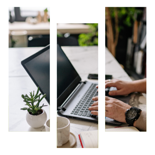 Person typing on a laptop at a desk with a potted plant, cup, notebook, and smartphone; image divided into three vertical sections. Person typing on a laptop at a desk with a potted plant, cup, notebook, and smartphone; image divided into three vertical sections.